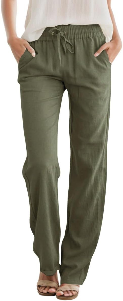 JEKAOYI Womens High Waist Casual Pants Drawstring Straight Leg Vacation Comfy Lounge Pocket Linen Trousers | Amazon (US)
