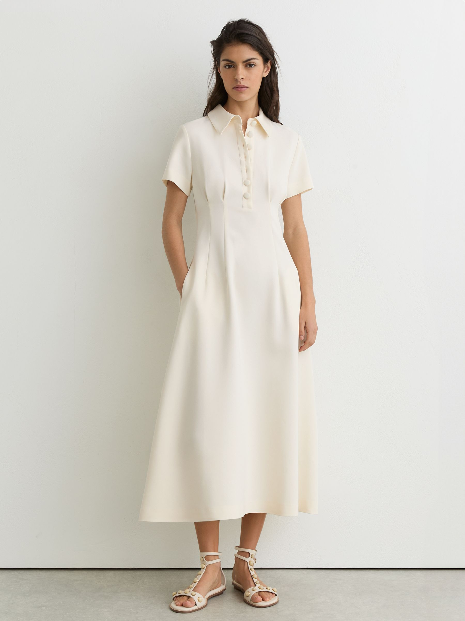 Button-Neck Short-Sleeve Midi Dress in Cream | Reiss UK