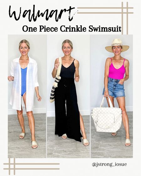 Walmart one piece crinkle swimsuit for $16! Comes in black, blue, pink and citrus. Has removable padding, adjustable tie in back and is lined. Coverups and accessories are also from Walmart! 

#LTKstyletip #LTKswim #LTKfindsunder50
