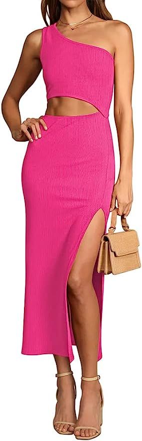 Pink Queen Women's Summer One Shoulder Sleeveless Cutout Side Slit Bodycon Maxi Long Dress | Amazon (US)