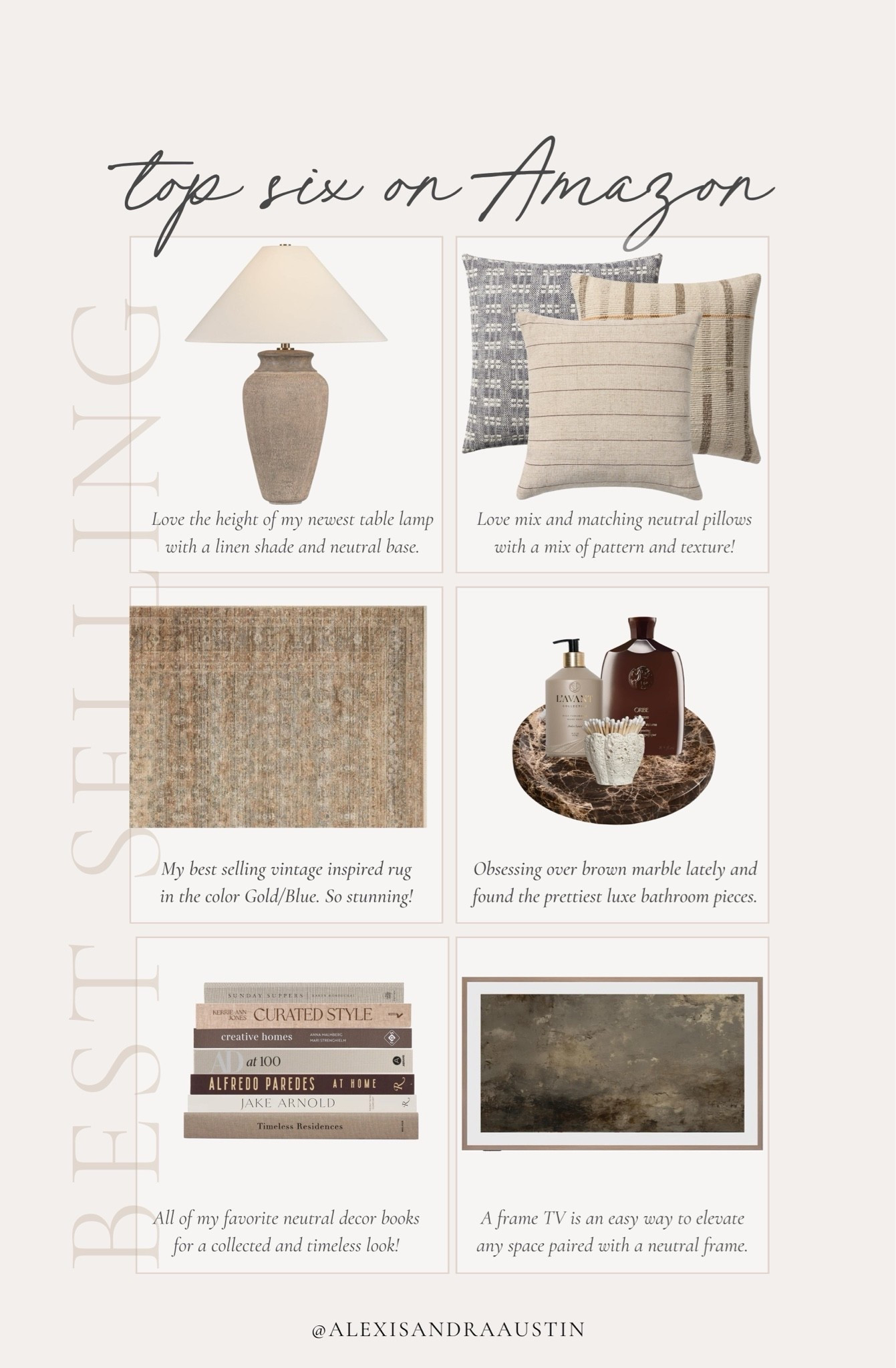 This week’s best selling items on Amazon! Finding quality home finds has never been easier from vintage inspired rugs, to neutral decor accents — sharing all of my top favorites!

Home finds, neutral home inspo, best sellers, found it on Amazon, collected style, table lamp, cozy throw pillow, vintage inspired area rug, marble details, neutral decor book, frame tv, Loloi, Amber Lewis, Magnolia, Oribe, Salt and Stone, Jake Arnold, Samsung, shop the look!

#LTKSeasonal #LTKHome