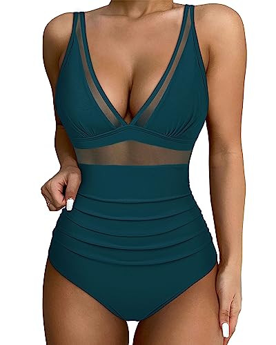 SUUKSESS Women Slimming Tummy Control One Piece Swimsuits Sexy Mesh High Waisted Monokini Bathing Suits (Peacock Blue, S) | Amazon (US)