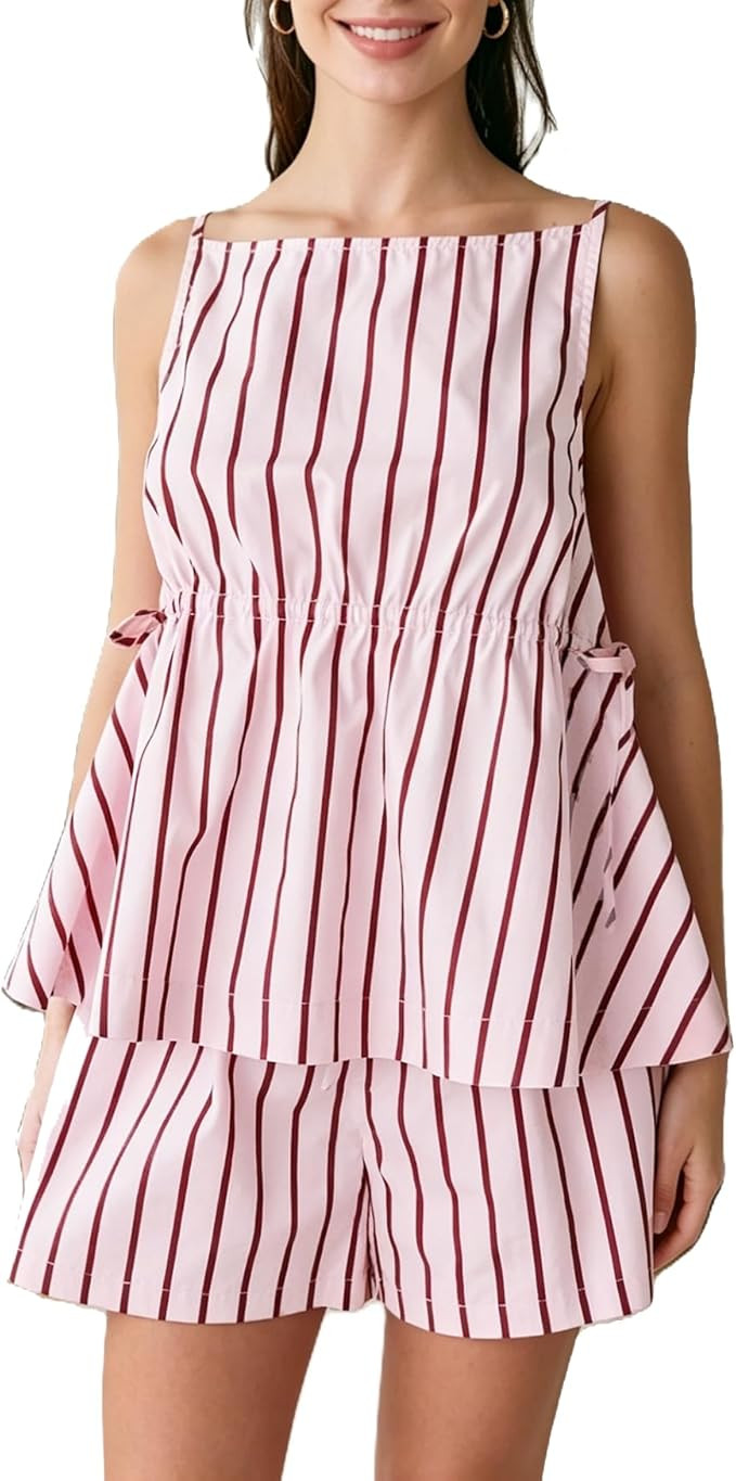Mxiqqpltky Y2k Striped Womens Pajama Sets Shorts Sleeveless Babydoll Tank Tops and Wide Leg Boxer... | Amazon (US)