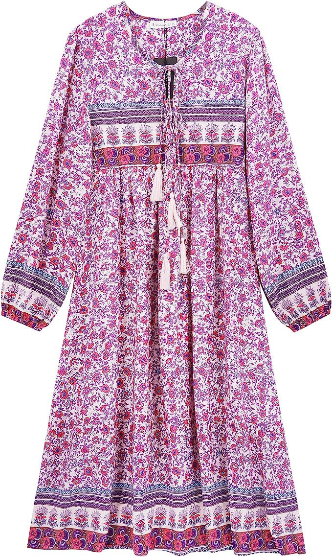R.Vivimos Women's Long Sleeve Floral Print Retro V Neck Tassel Bohemian Midi Dresses | Amazon (US)