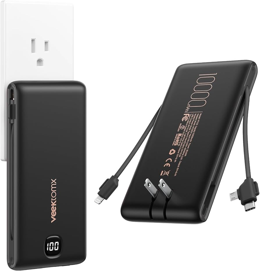 VEEKTOMX Portable Charger with Built in Cables 10000mAh, Power Bank for iPhone with AC Wall Plug,... | Amazon (US)
