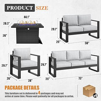 Outdoor Aluminum Furniture Set with Fire Pit Table - 5 Pieces Modern Patio Conversation Sets Meta... | Amazon (US)