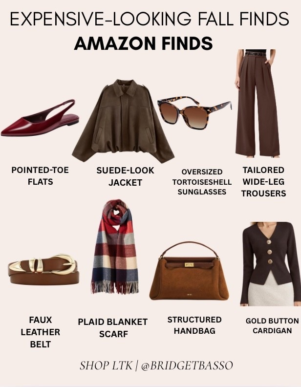 Expensive-looking Amazon fall fashion finds 🤎 Chic autumn wardrobe staples including pointed-toe flats, a suede-look jacket, tortoiseshell sunglasses, wide-leg trousers, a faux leather belt, plaid scarf, structured handbag and gold-button cardigan.

#LTKSeasonal #LTKgrwm #LTKootd