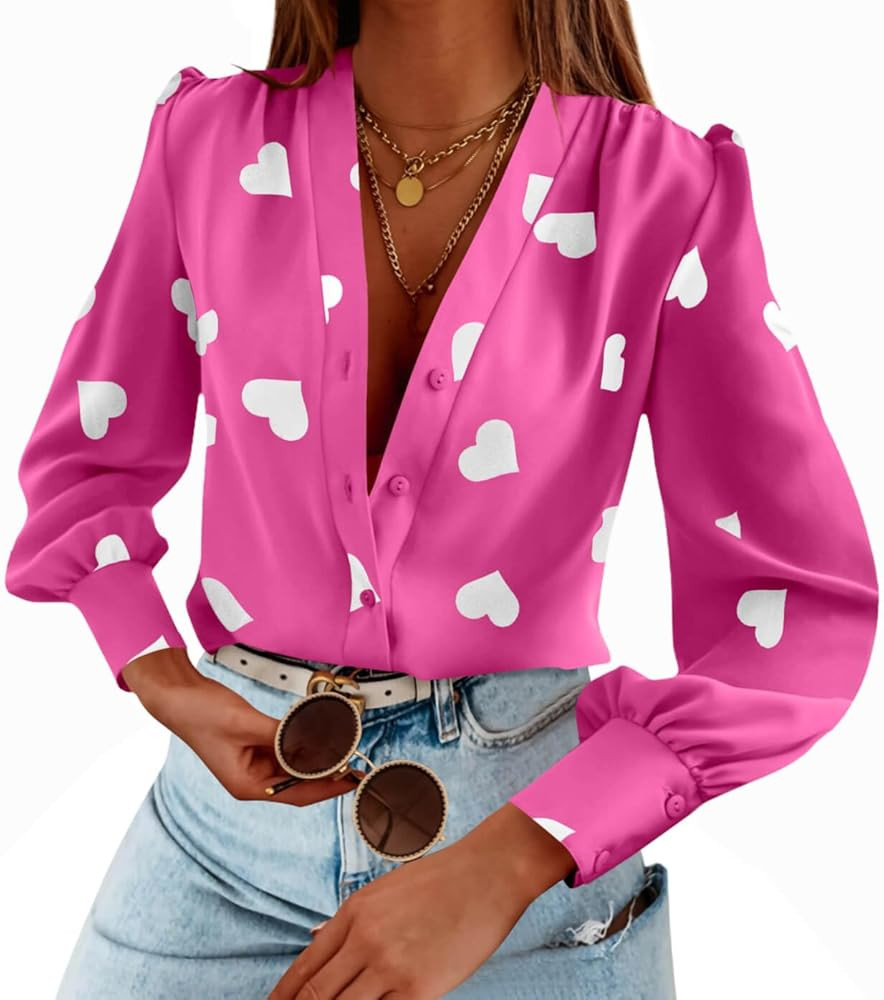 Women's Business Casual Tops Summer Long Sleeve Silk Button Down Shirts V Neck Chiffon Blouses | Amazon (US)