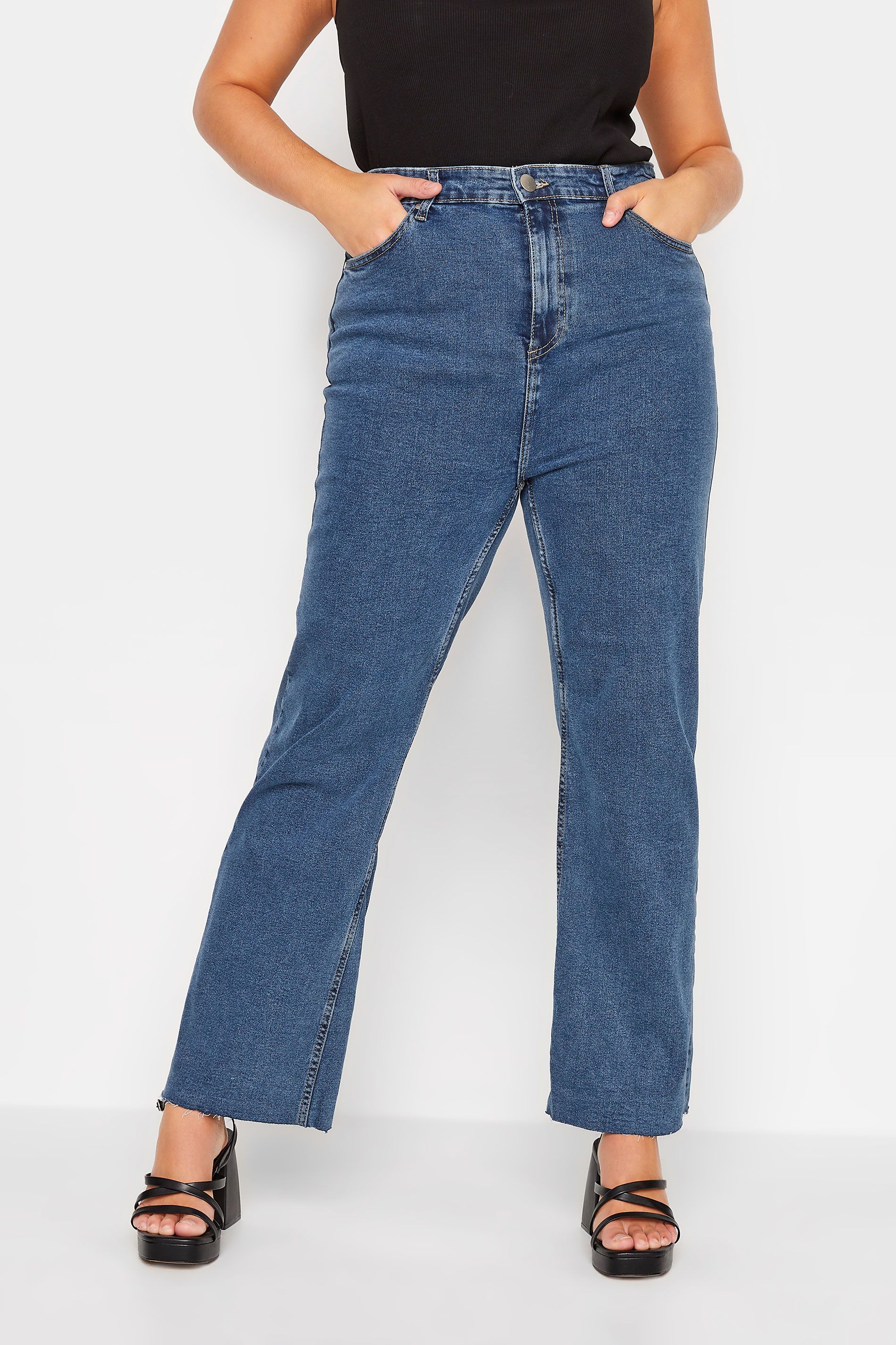 Plus Size Mid Blue Stretch Wide Leg Jeans | Yours Clothing UK