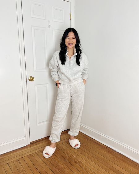 Gray quarter zip sweatshirt (XS)
Gray sweatpants  (SP)
White fuzzy slippers 
Lounge outfit 
Matching set 
Matching loungewear 
Matching lounge set 
Travel outfit 
Abercrombie outfit

#LTKfindsunder100 #LTKsalealert #LTKSeasonal