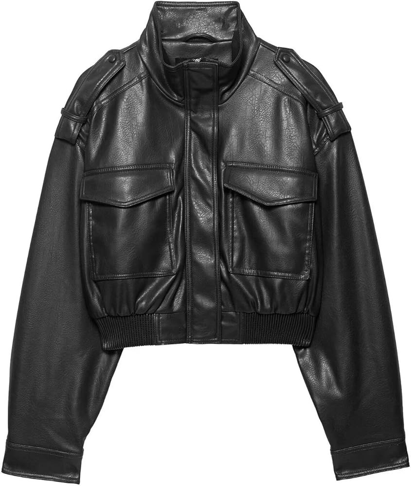 FindThy Women’s Cropped Faux Leather Jacket Vintage Stand Collar Long Sleeve Zip Up Fall Fashio... | Amazon (US)