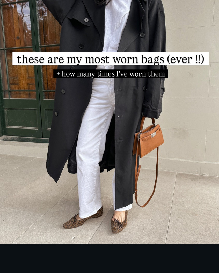 My most worn bags… ever + how many times I’ve worn them 👀

1 | Celine trio (142 wears): Phoebe Philo era in a goatskin leather - a *very* lucky eBay score! Don’t think I’ll ever tire of this style (as you’ll see 👀🤭)

2 | Madewell bucket tote (129 wears): I will never stop recommending this bag. Love the soft floppy leather, it can be worn crossbody, fits a laptop. Basically a generally life bag (I used this as a baby bag!!)

3 | Acne Studios mini musubi bag (121 wears): One of my all time favourite bag buys. Just love the origami-esque detailing and the wide strap makes it v v v comfortable to wear

4 | Saben Tilly’s big sis (79 wears): The *perfect* smaller every day bag. Fits a surprising amount inside given the relative size, and mine still looks impeccable after all this time (zero babying required!)

5 | Little Liffner belted bucket tote (48 wears): This fits SO much - including a laptop - and is my top rec if you’re looking for a fashion forward work tote.

#LTKaustralia #LTKbag #LTKwinter
