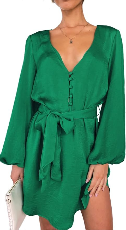 R.Vivimos Shirt Dresses for Women Balloon Long Sleeve Deep V Neck Casual Button Up Irregular Hem ... | Amazon (US)