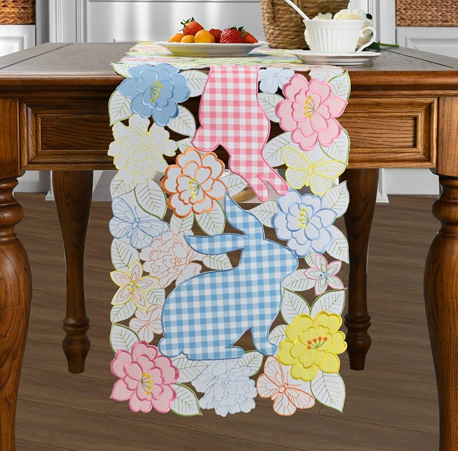 Easter Table Runner 72inches Long, Embroidered Plaid Bunny Table Runner, Easter Spring Rabbit Flo... | Amazon (US)