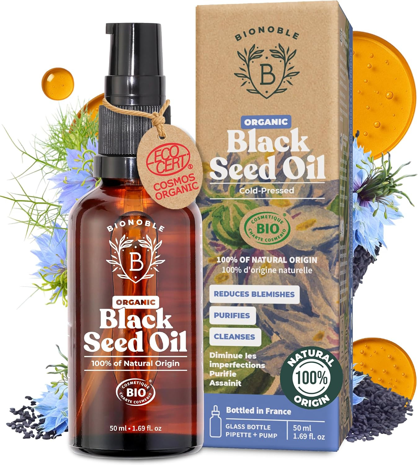 Bionoble Pure Organic Black Seed Oil, Cold Pressed - Glass bottle + Pipette + Pump - Black Cumin ... | Amazon (UK)