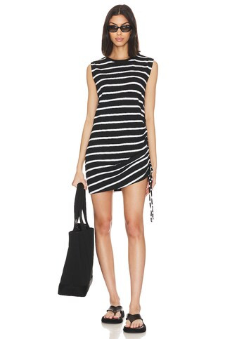 Sleeveless Drawstring Dress in Black & White Stripe | Revolve Clothing (Global)