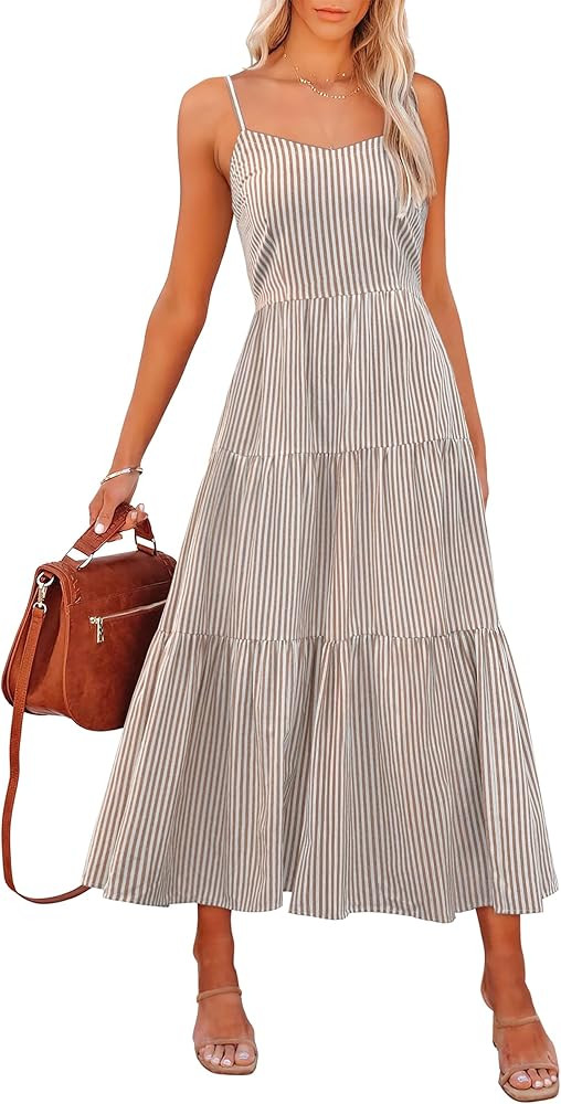 ANRABESS Womens Summer Midi Dresses Casual Striped Plaid Sleeveless Flowy Maxi Dress 2026 Beach V... | Amazon (US)