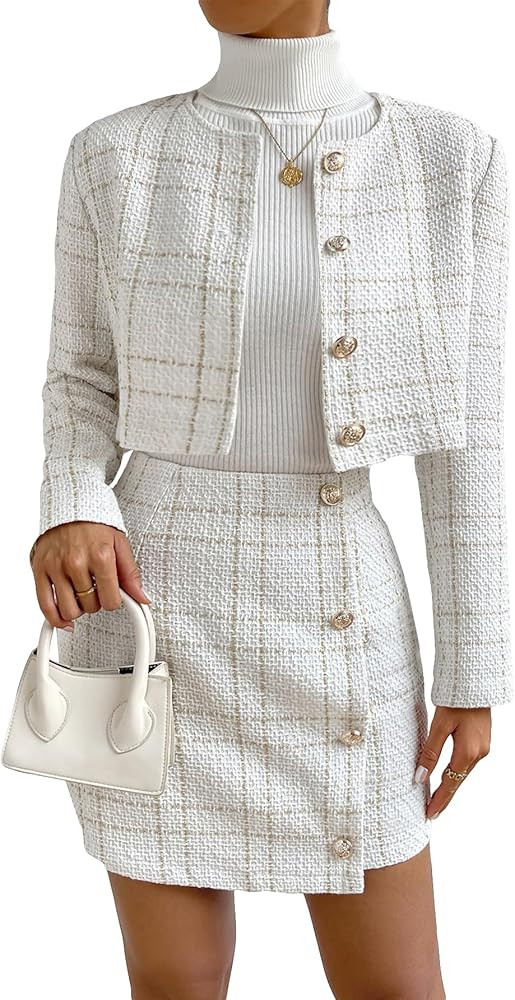 Floerns Women's 2 Piece Outfits Plaid Tweed Blazer Long Sleeve Jacket and Skirt Set | Amazon (US)