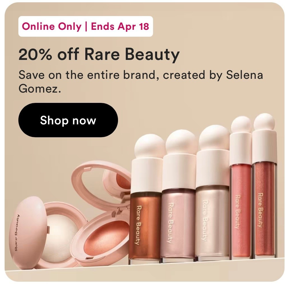 20% off Rare Beauty @ulta 

#LTKselfcare #LTKSaleAlert #LTKBeauty