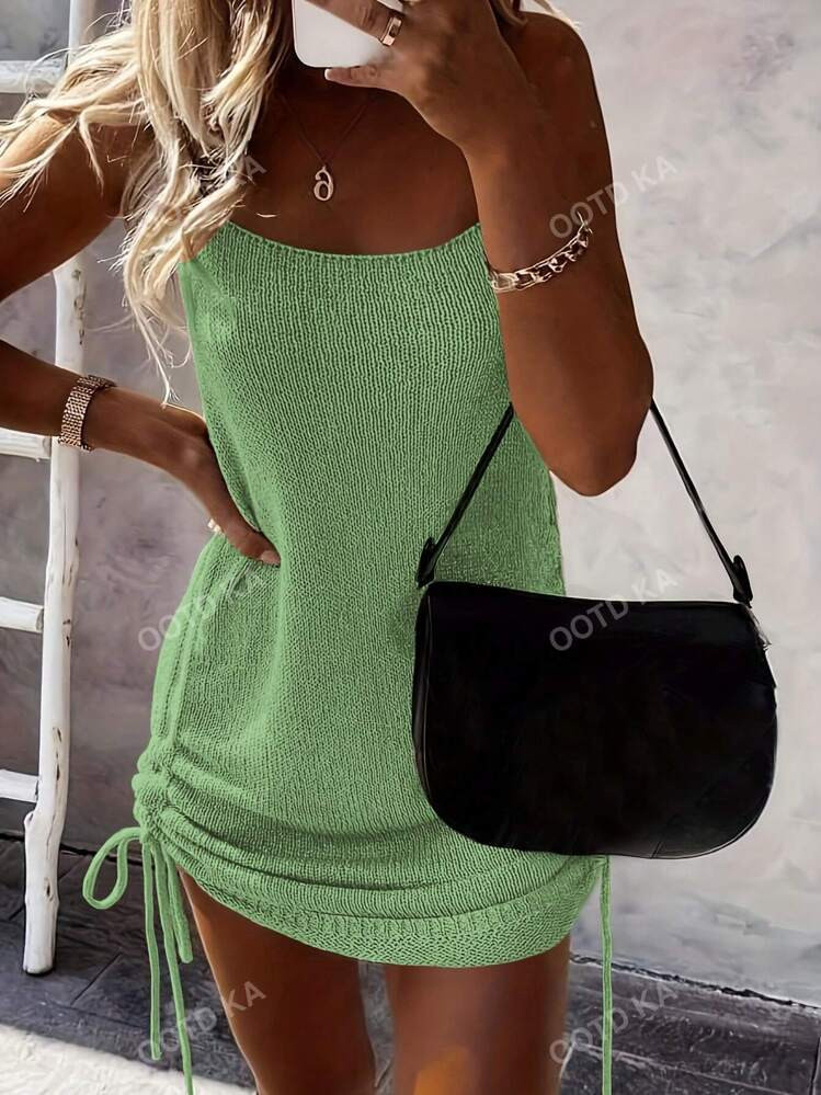 Spring And Summer Women's Fashion Casual Elegant Wedding Solid Colour Side Drawstring Sleeveless Strapless Tie Sling Knit Sweater Dresses | SHEIN