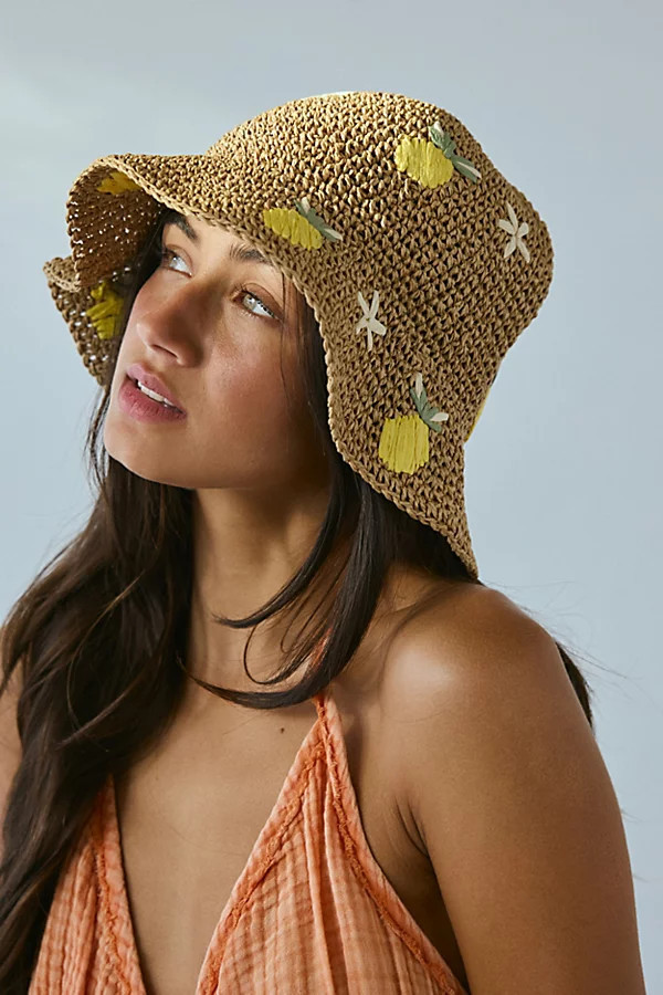 Fruit Woven Straw Bucket Hat in Lemon, Women's at Urban Outfitters | Urban Outfitters (US and RoW)