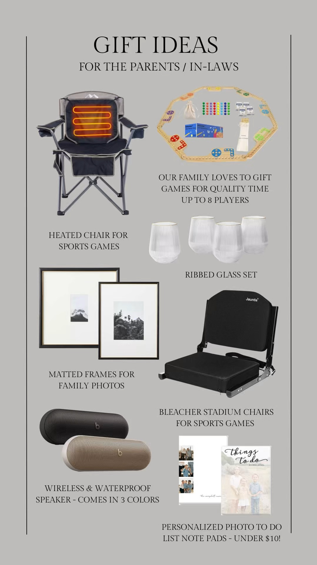 Gift ideas for parents / in laws 🫶🏼

Gift guide for parents, gift guide for in laws, parents gifts, mom gift, dad gift, grandparents gifts, grandma gift, grandpa gift, heated lawn chair, bleached chair, family game, matted frame, target frame, beats speaker, wireless speaker, Walmart, Amazon finds, Shutterfly, Christine Andrew 

#LTKWatchNow #LTKGiftGuide #LTKHoliday