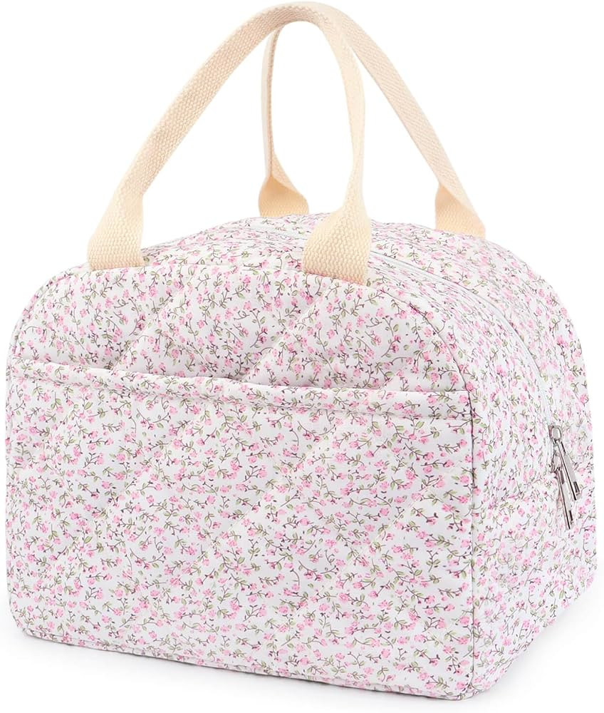 Cotton Quilted Insulated Lunch Bag, Cute Quilted Floral Tote Bags Reusable Lunch Box Coquette Aes... | Amazon (US)