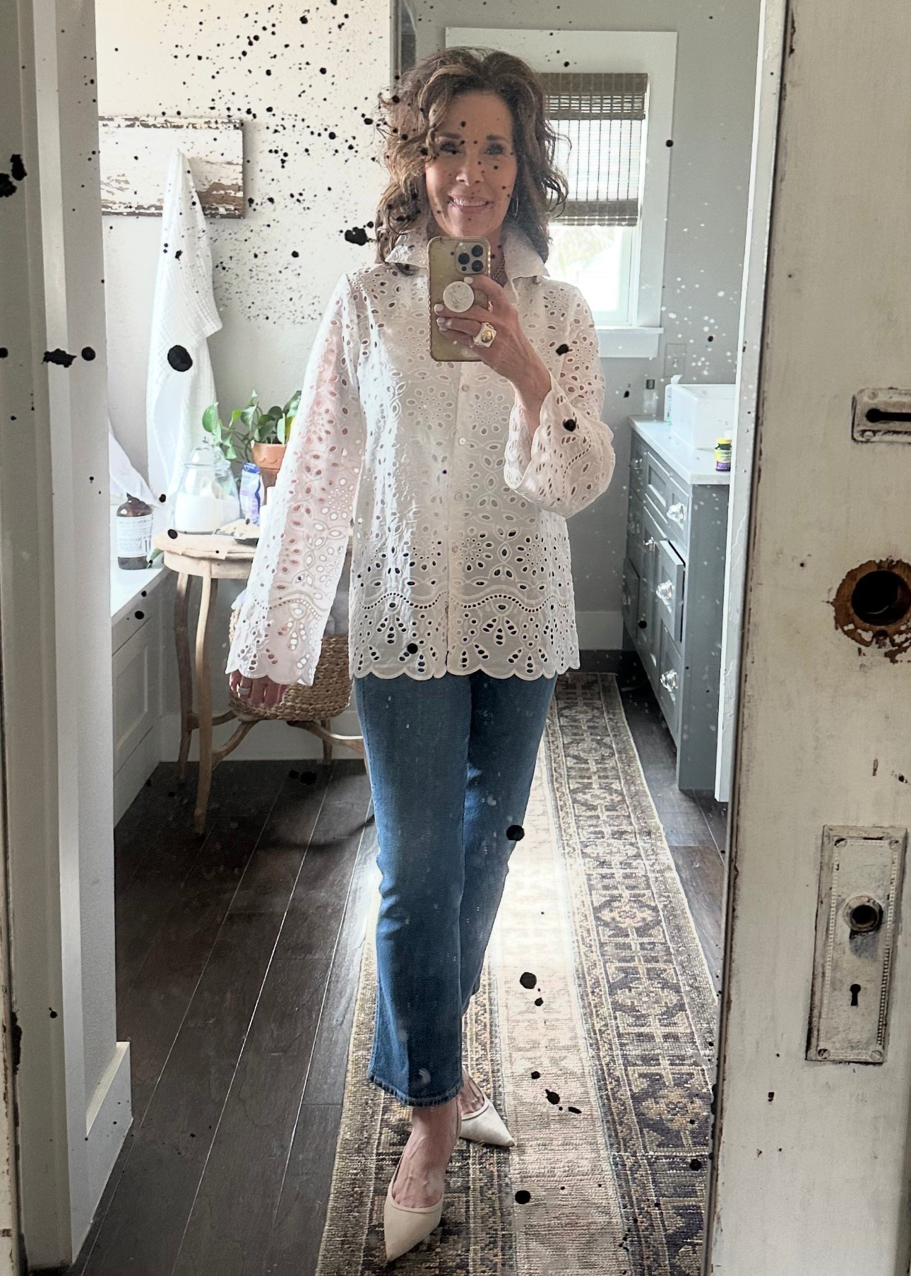 This white eyelet blouse is the perfect transition into Spring!

It can easily be dressed up or down.

Would be so cute for Easter with a dressy pant or a skirt. 

#springwardrobe #eyeletblouse 
#Easteroutfit

#LTKStyleTip #LTKOver40 #LTKFindsUnder50