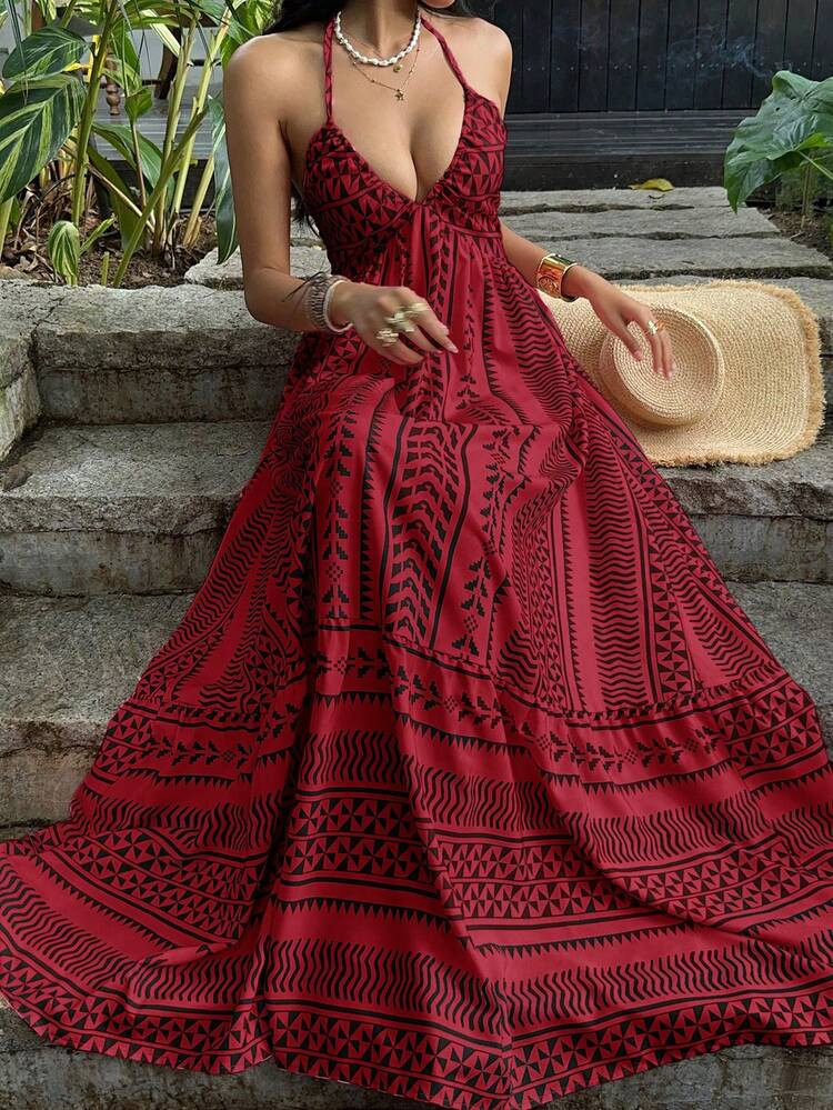 Sunnyshic Pink Digital Print Fitted Waist Backless Tie Strap Dress, French V-Neck Beach Holiday Style | SHEIN