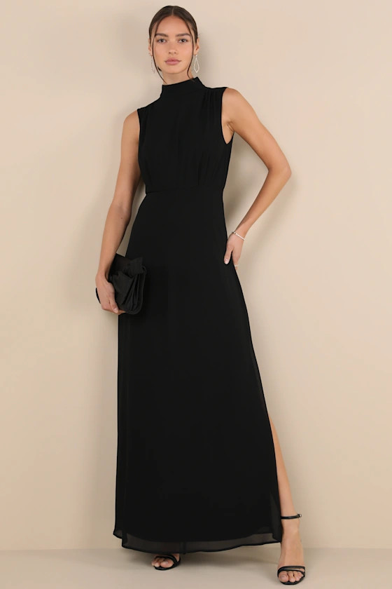 Classic Elegance Black Chiffon Sleeveless Mock Neck Maxi Dress | Lulus