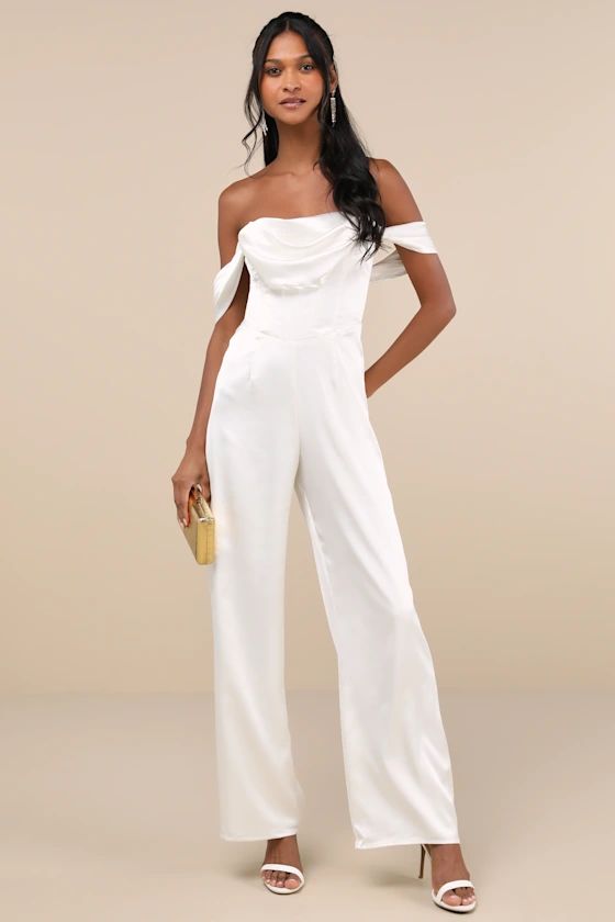 Unbelievable Aura White Satin Off-the-Shoulder Jumpsuit | Lulus