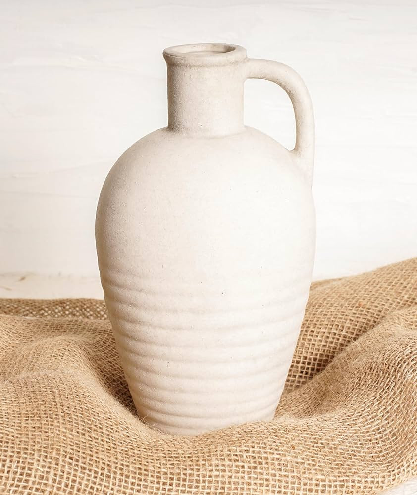 White Ceramic vase with Handle, 10inch Boho Unique Textured Pottery, Rustic Farmhouse Decorative ... | Amazon (US)