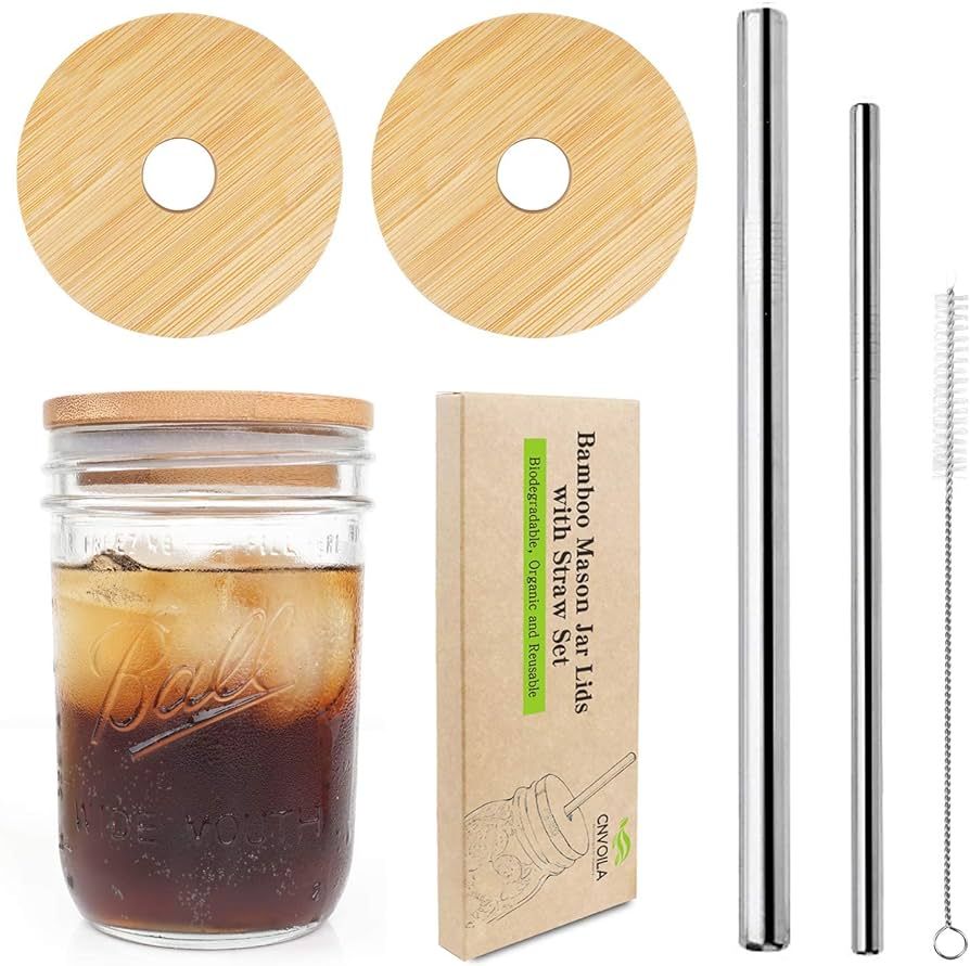Mason Jar Lids with Straw, Reusable Bamboo Lids, Wide Mouth Mason Jar Tumbler Lids, Mason Jar Top... | Amazon (US)