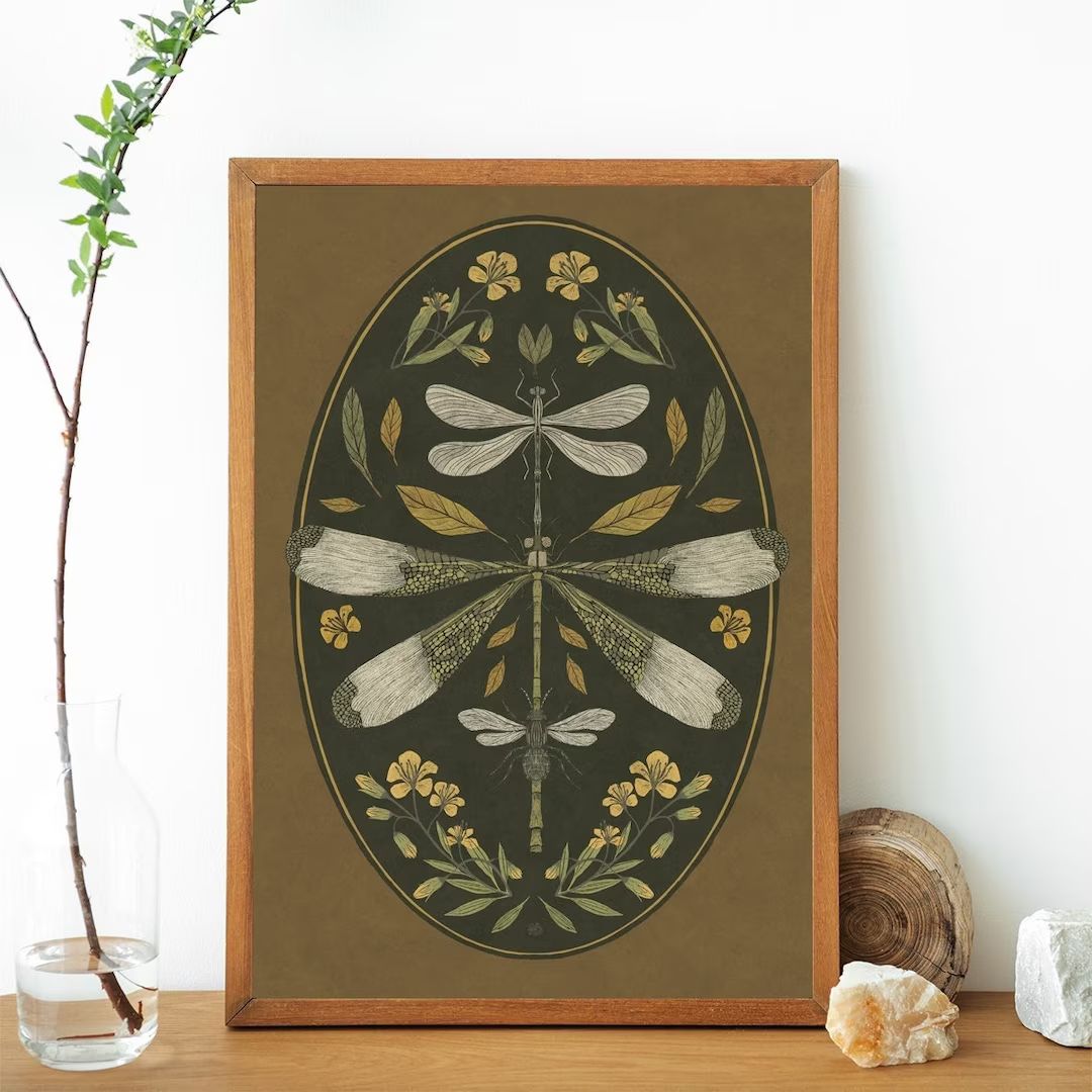 Dragonfly Art Print, Handmade Decor, Nadruk Owadów, Vintage Ilustracje Botaniczne, Kwiaty Sztuki... | Etsy (US)