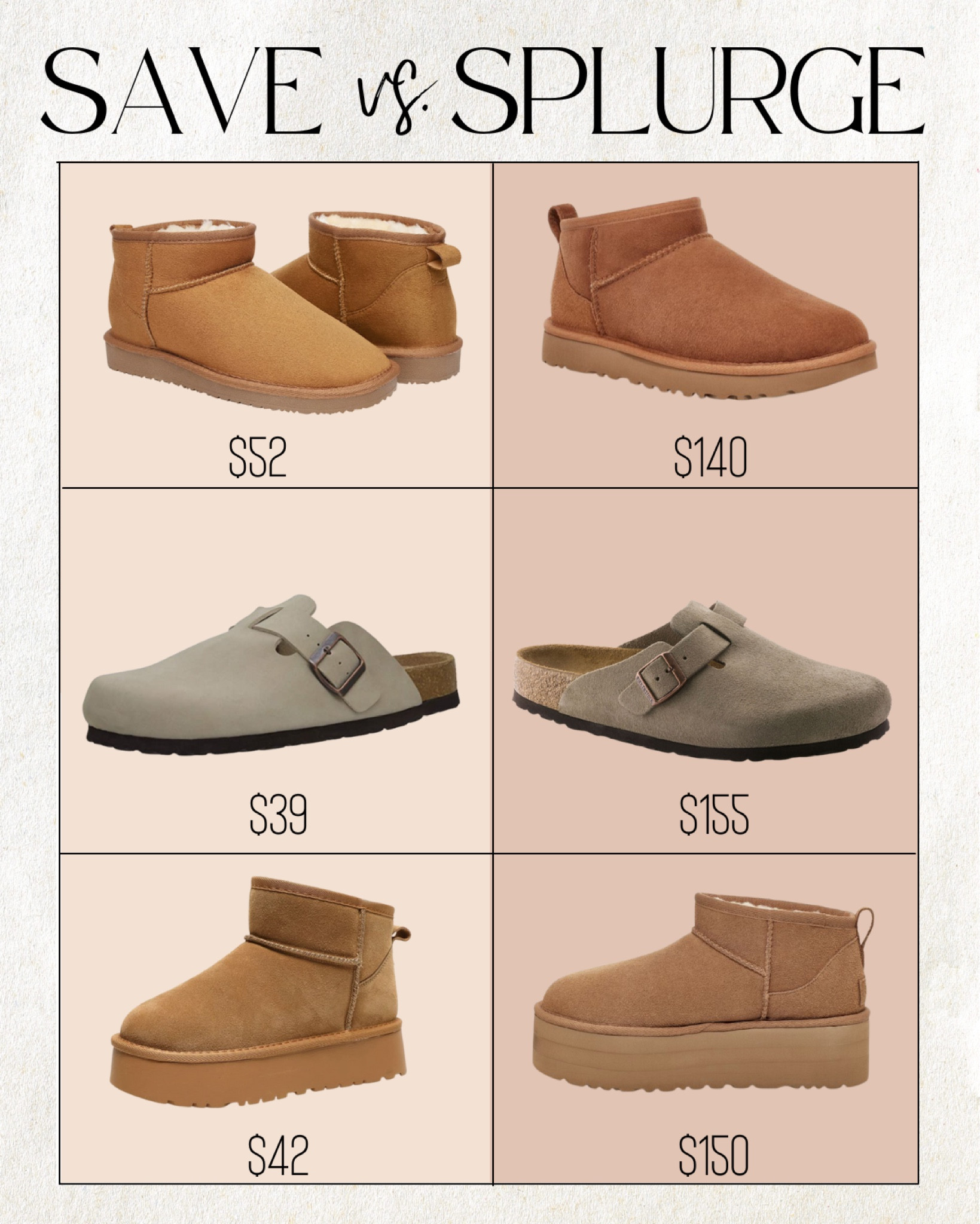 SAVE VS. SPLURGE. These uggs & birkenstocks are sold out everywhere but I found some great dupes!

The look for less, fall shoes, winter shoes, fall fashion, winter fashion, Amazon finds, holiday gifts

#LTKSeasonal #LTKHoliday #LTKshoecrush