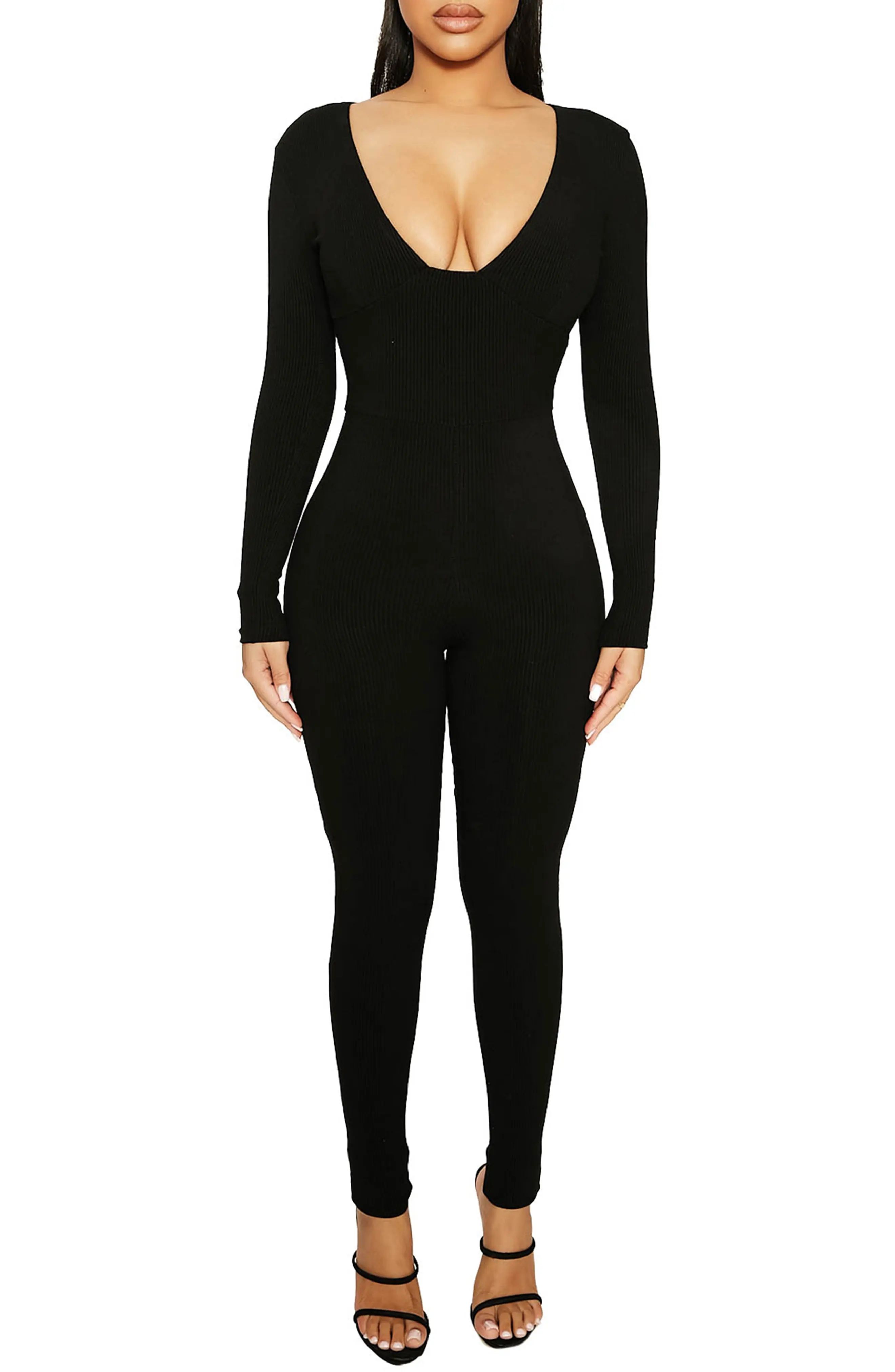 Women's Naked Wardrobe Bustier Long Sleeve Jumpsuit, Size Large - Black | Nordstrom