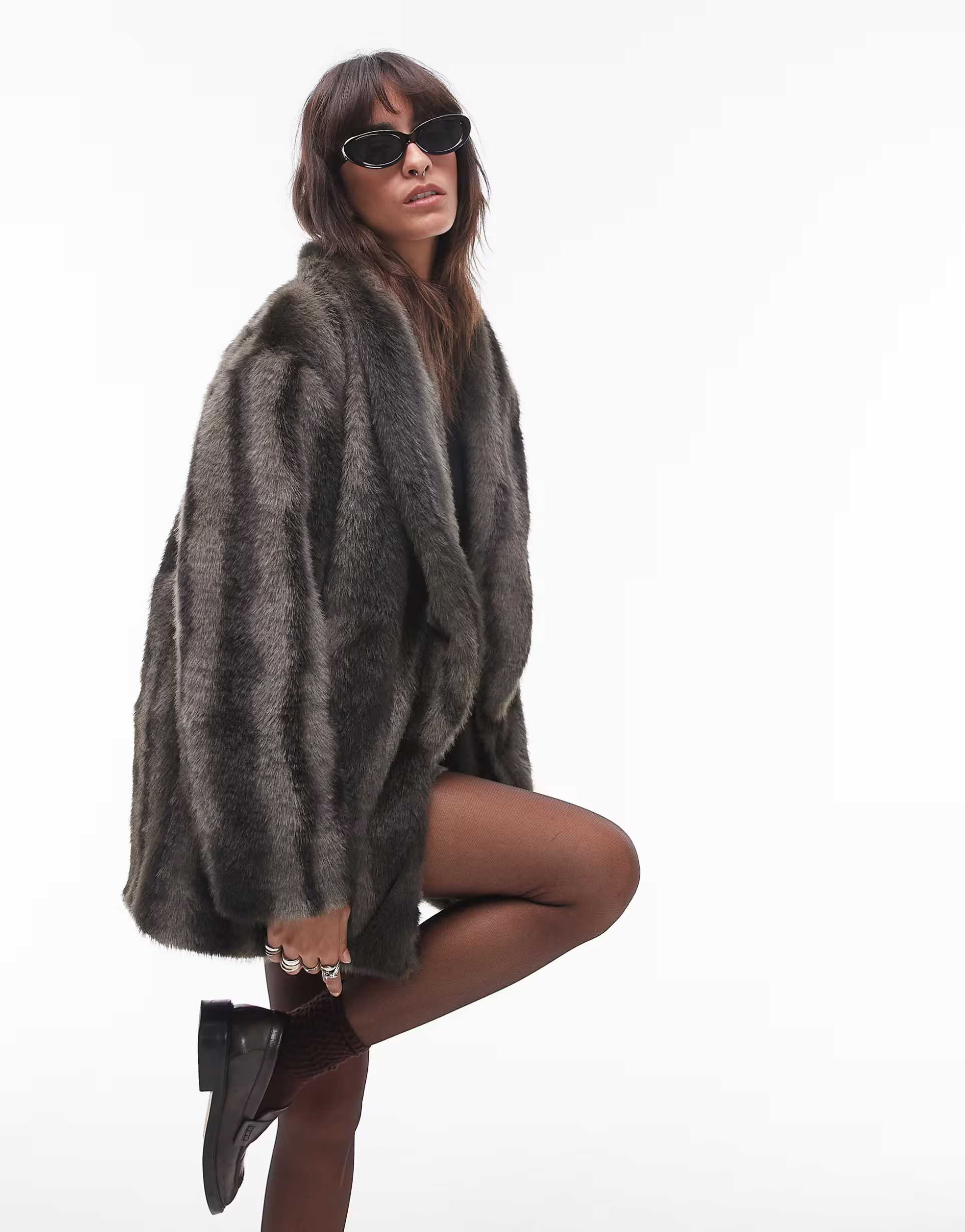 Topshop faux fur midi coat in cream and brown stripe | ASOS (Global)