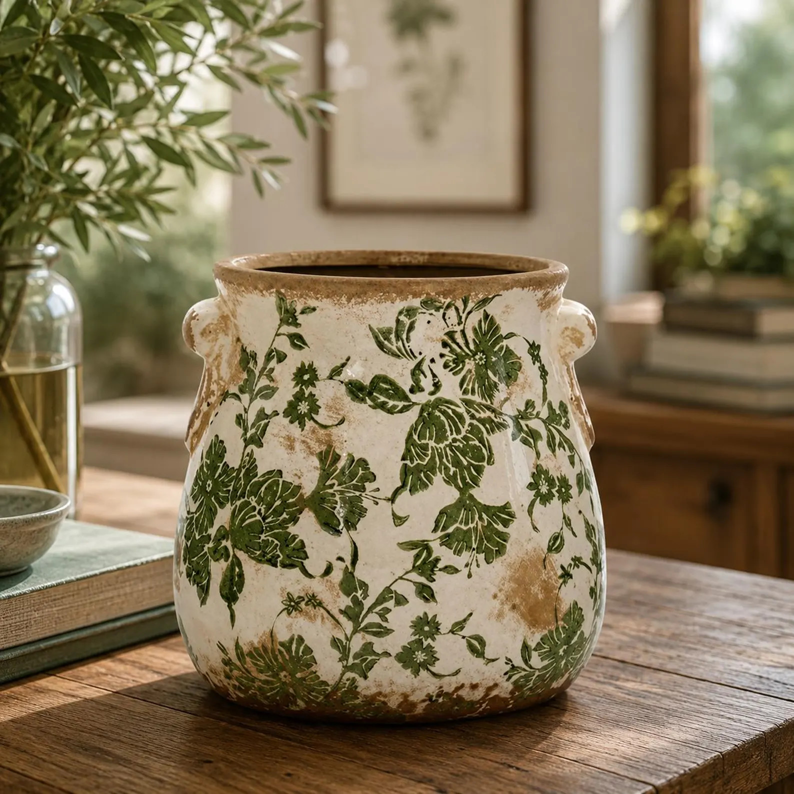 Tuscan Ceramic Vase, Green Floral Scroll, Rustic Farmhouse Table Centerpiece | Etsy (Global)