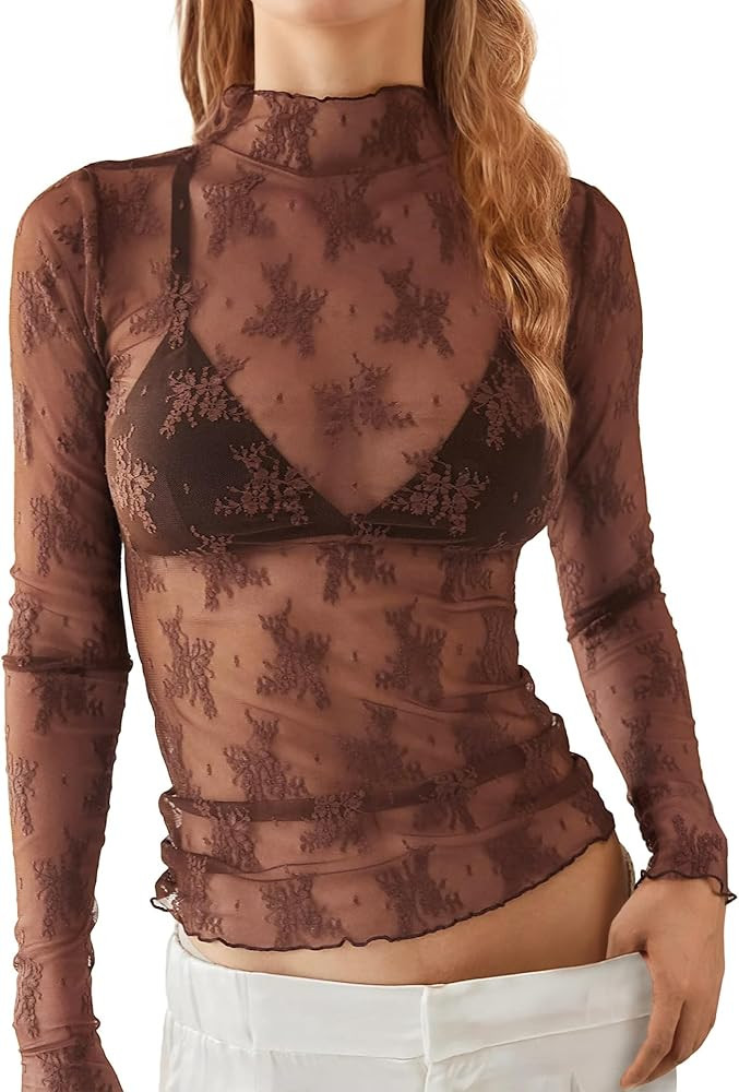 siliteelon Lace Tops for Women Mesh Long Sleeve Top Sheer Lace Shirt Floral Mock Neck Party Club ... | Amazon (US)