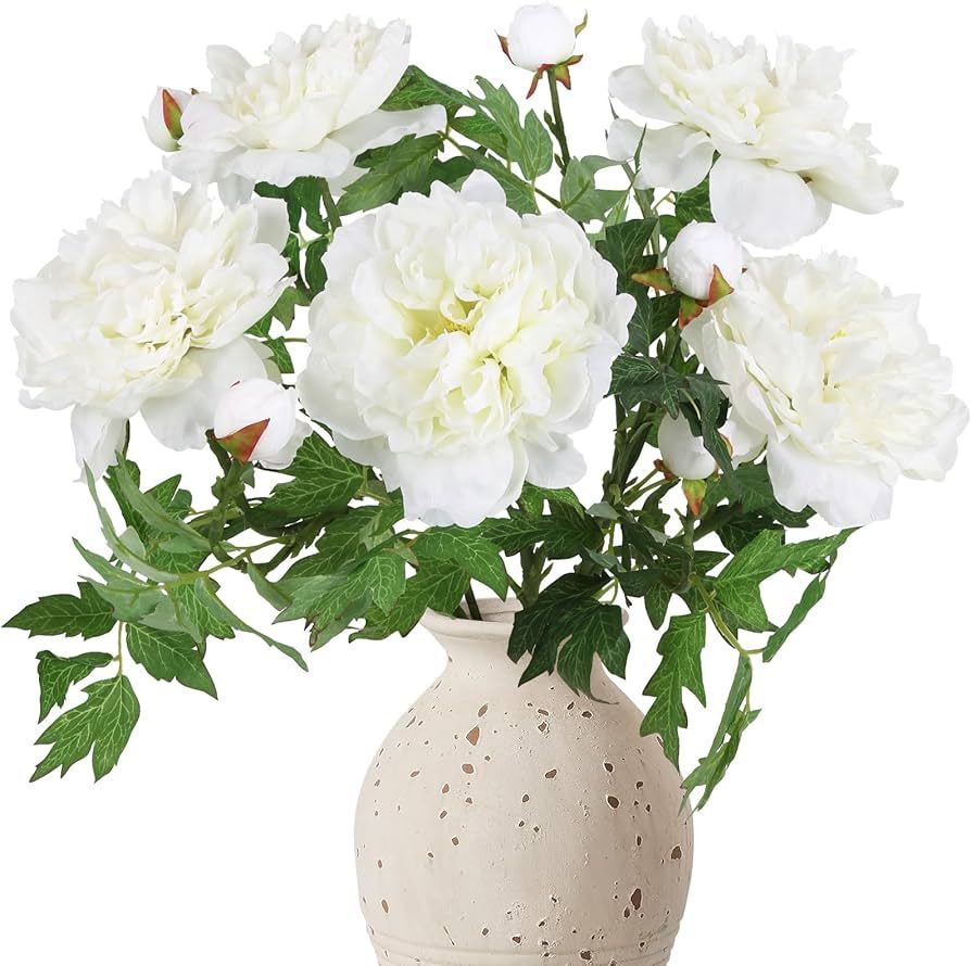 INSUNSIX White Peonies Artificial Flowers 5pcs 27" Vintage Silk Peonies White Fake Peonies 10pcs ... | Amazon (US)