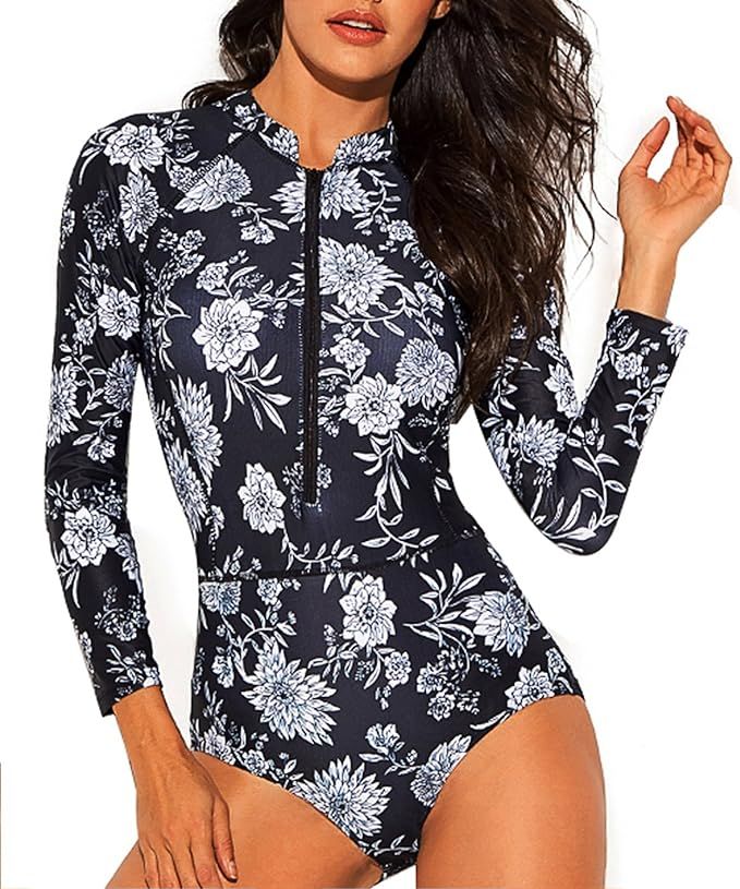 Funnygirl Women's Fashion Printing Rashguard Long Sleeve Zip UV Protection Print Surfing Swimsuit Sw | Amazon (US)