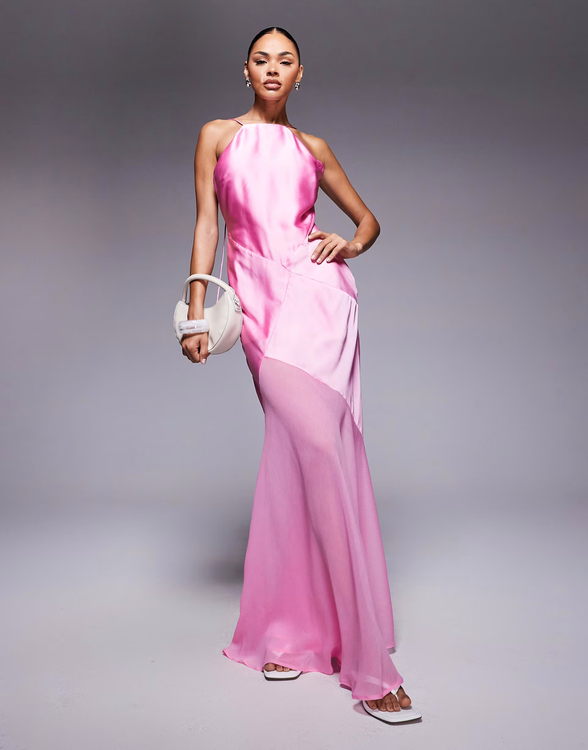 ASOS DESIGN panelled satin maxi dress with chiffon skirt in pink | ASOS (Global)