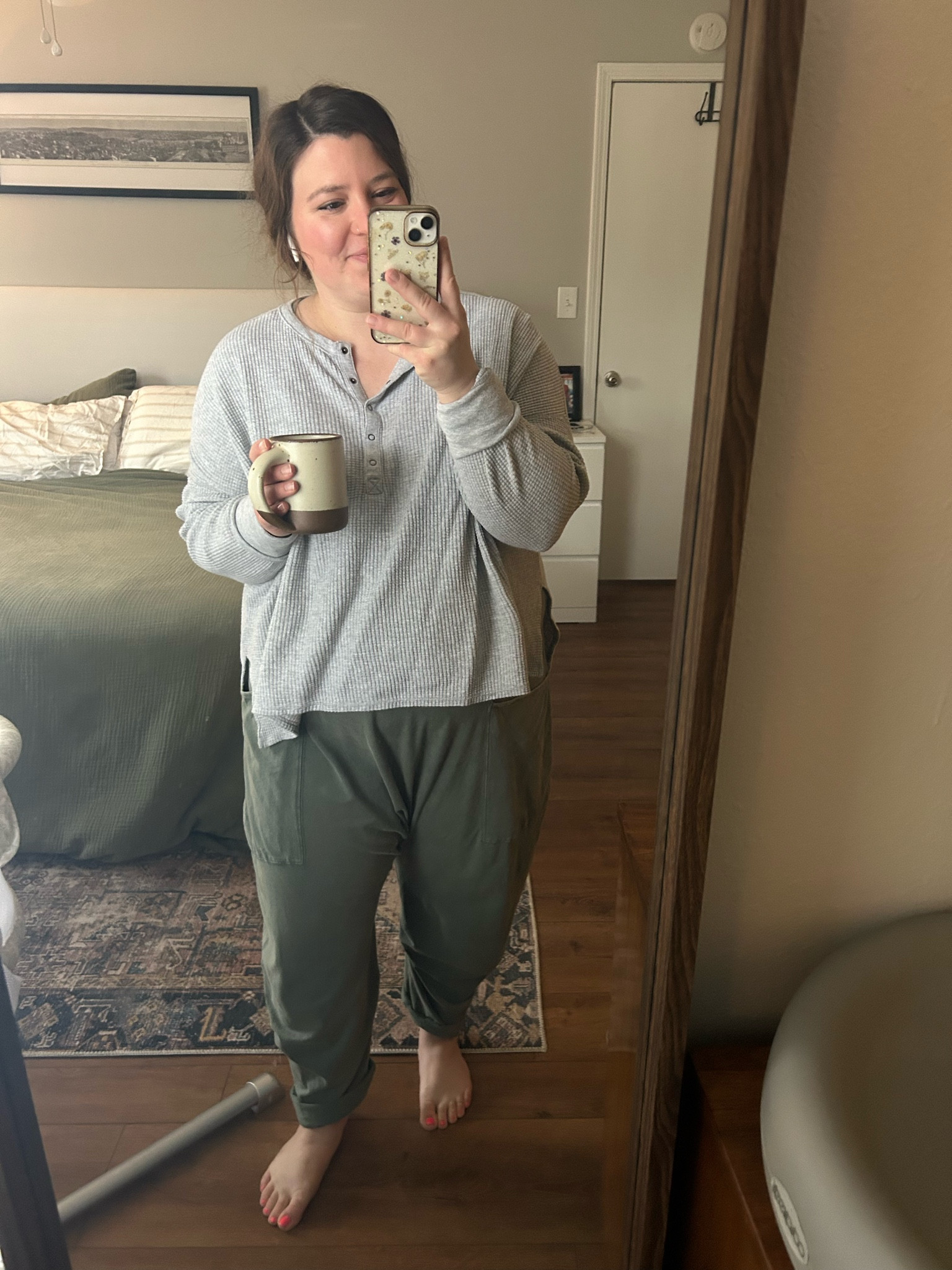 cozy and comfy on a friday. wearing a large in both the shirt + jumpsuit.