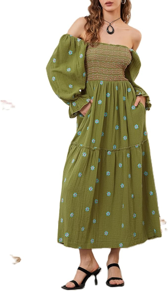 Argeousgor Women 2024 Bohemian Floral Dress Square Neck Ruffle Swing A Line Maxi Dress Long Sleev... | Amazon (US)