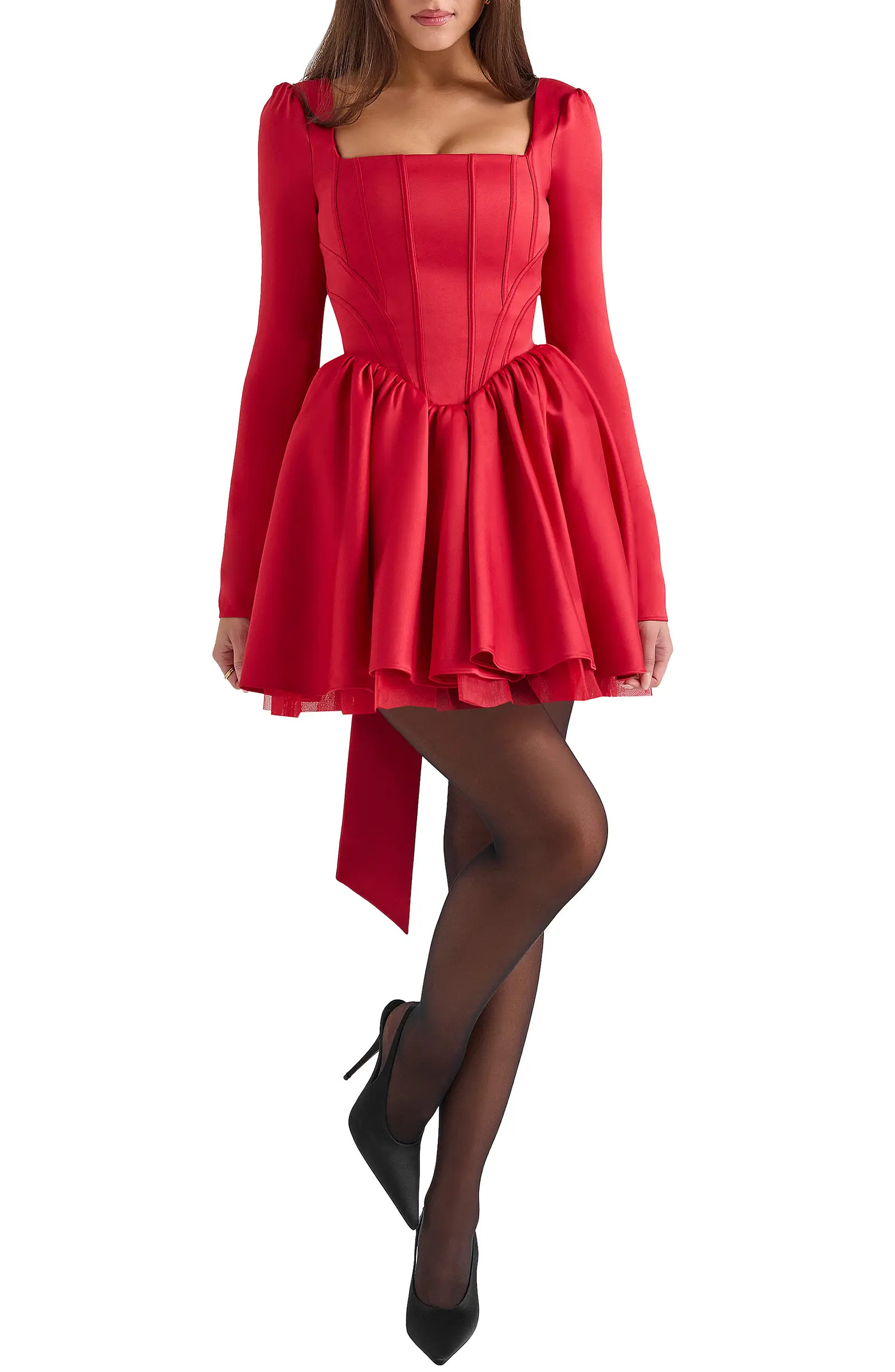 Nina Bow Back Long Sleeve Corset Minidress | Nordstrom