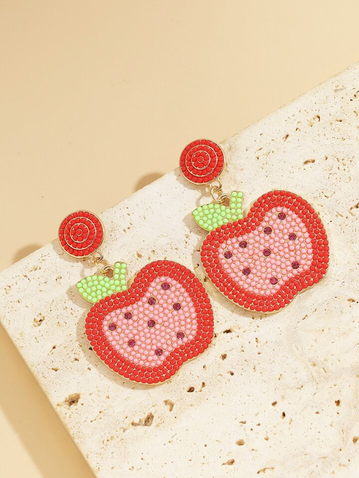 1pair Red Apple Shaped Bohemia Bead & Oil Drop Teacher Campus Drop Earrings | SHEIN