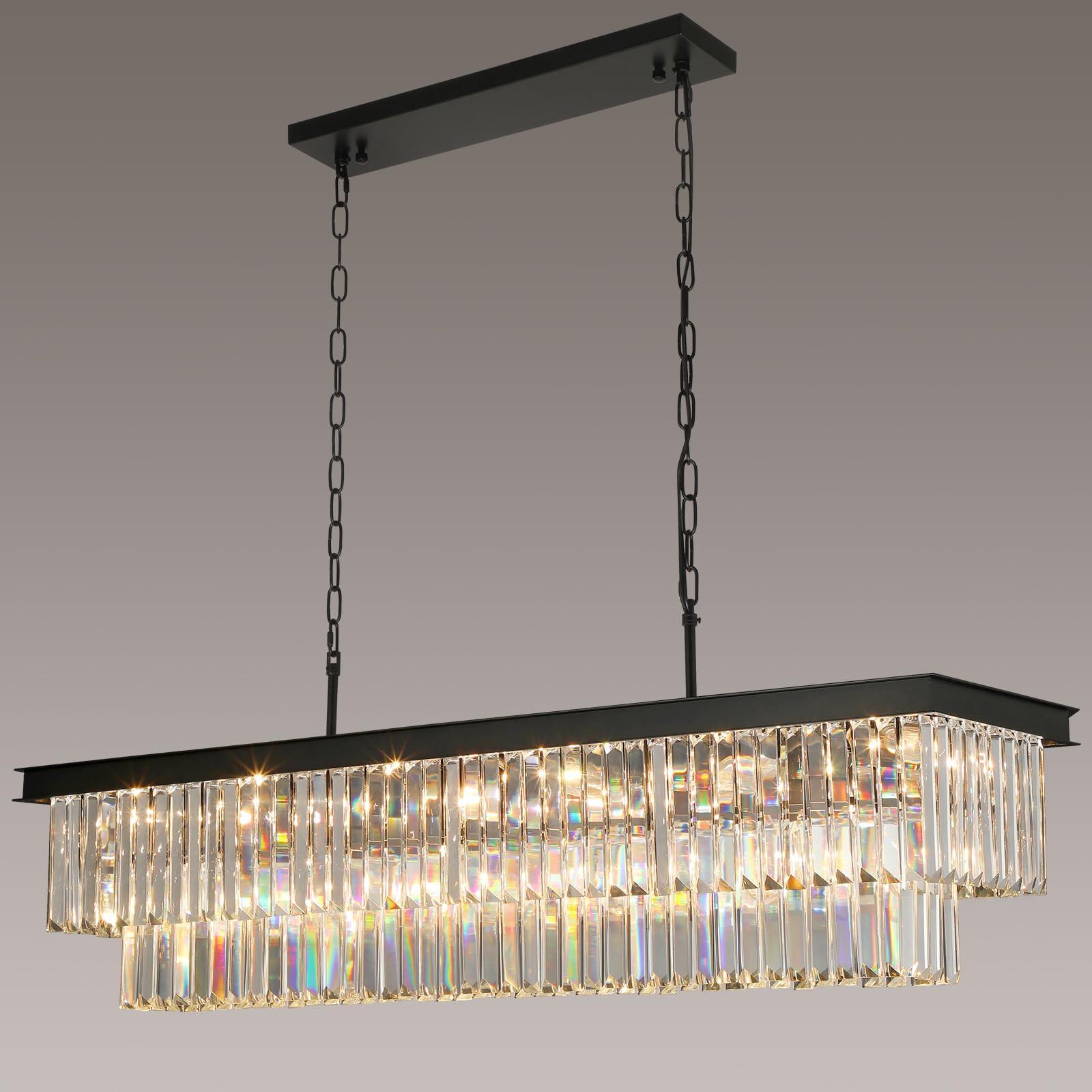 Crystal Chandeliers for Dining Room Light Fixtures Over Table，18-Lights Black Modern Rectangle ... | Amazon (US)
