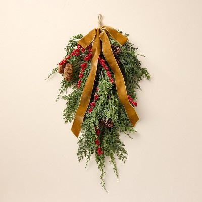 27" Faux Cedar Christmas Swag with Velvet Ribbon Trim - Hearth & Hand™ with Magnolia | Target