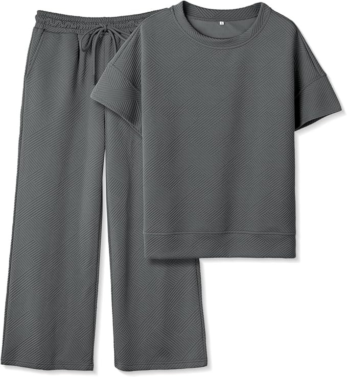 Women's 2 Piece Outfits Textured Sweatsuit 3/4 Batwing Sleeve Crew Neck Pullover Top Wide Leg Pan... | Amazon (US)