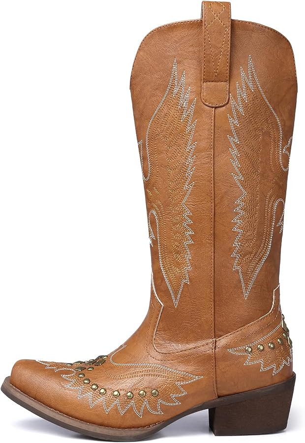SHIBEVER Cowboy Cowgirl Boots for Women: Mid Wide-Calf Square Toe Leather Boot Womens Western Fas... | Amazon (US)